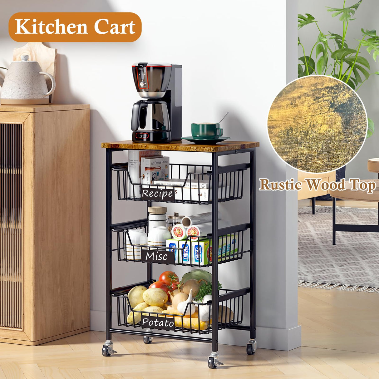 OKZEST 4-Tier Small Kitchen Storage Cart on Wheels, Metal Fruit Basket Stand with Pull-Out Baskets & Wood Top for Potato Onion Produce Snack Veggies OKZEST