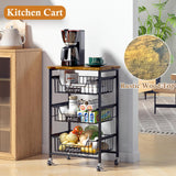 OKZEST 4-Tier Small Kitchen Storage Cart on Wheels, Metal Fruit Basket Stand with Pull-Out Baskets & Wood Top for Potato Onion Produce Snack Veggies OKZEST