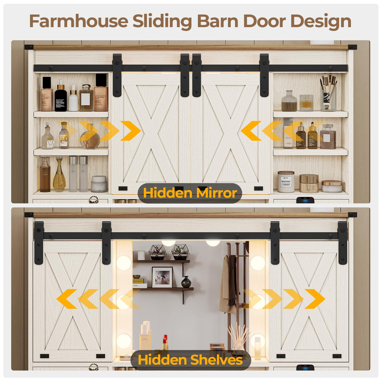 Hasuit Farmhouse Vanity Desk with Mirror and Adjustable Lights in White Hasuit