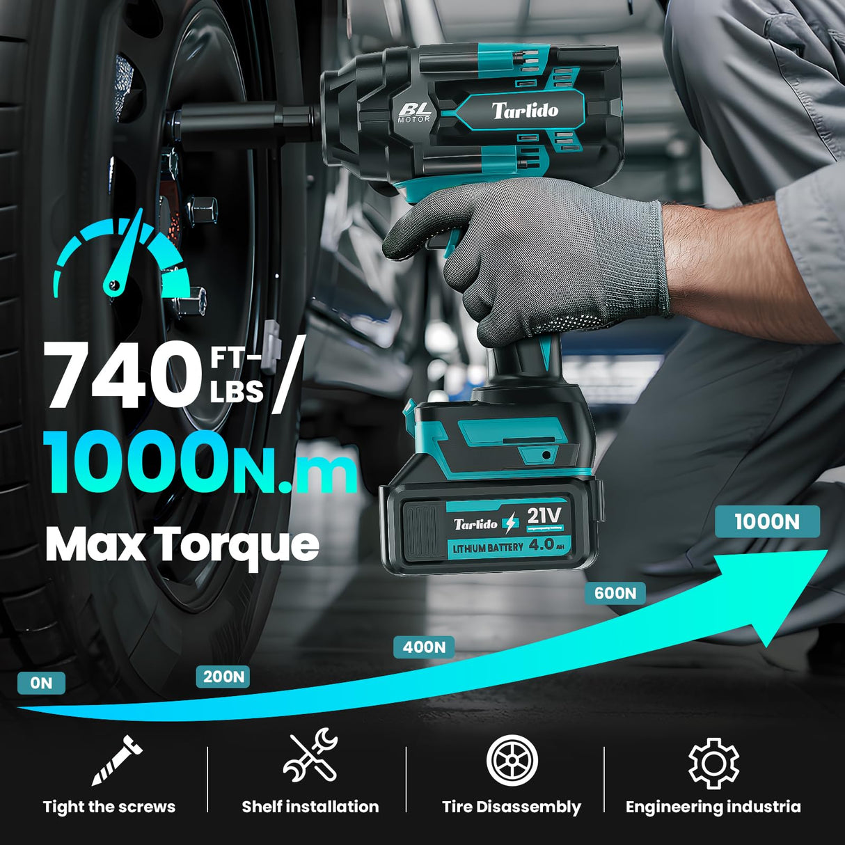 Tarlido Cordless Impact Wrench, 1000 N.m/740 FT-LBS,1/2 Inch Brushless Impact Gun,3200 RPM High Torque,Electric Impact Driver with 2x 4.0Ah Batteries, 5 Sockets Tarlido