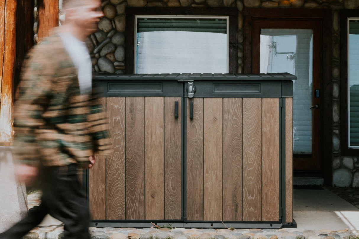 Keter Signature Collection All-Weather Storage Shed with Skylight, Window, Built-in Ventilation, Customizable Walls, & Lockable Double Doors, Walnut Keter