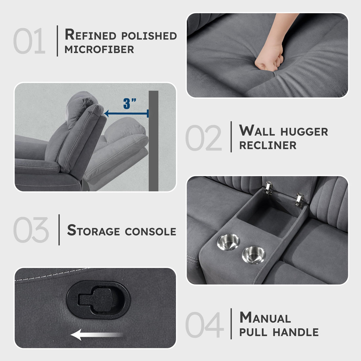 Lexicon Manual Double Reclining Loveseat, Polished Microfiber Manual Wall Hugger Loveseat Recliner for Living Room, Center Storage Console/Cup Holders, Easy Assembly, Gray Lexicon