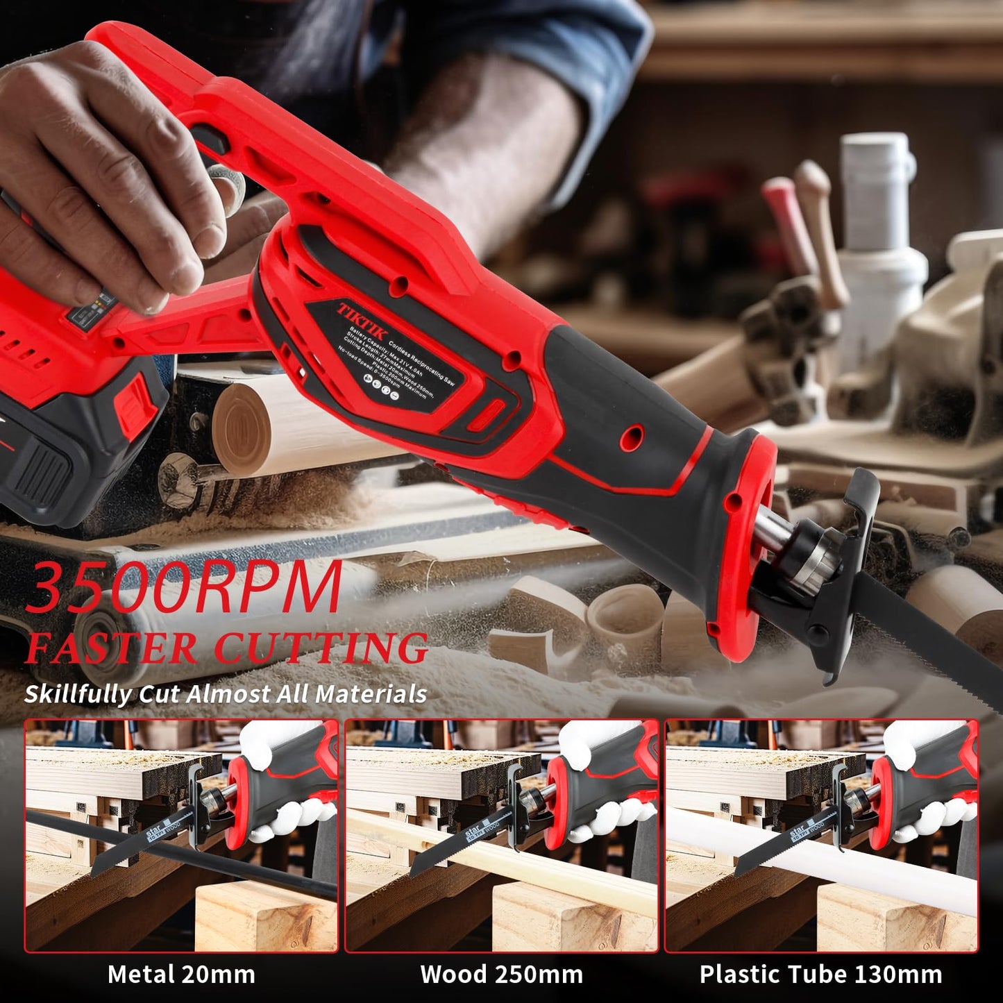 TIKTIK Cordless Reciprocating Saw,0-3500SPM Reciprocating Saw with 2 x 4.0Ah Battery,12 Saw Blades,Tool-Free Blade Change, 21V Brushless Power Reciprocating Saws for Wood/Metal/PVC - WoodArtSupply