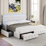 Keyluv Full Upholstered LED Bed Frame with 4 Drawers, Pu Leather Platform Storage Bed with Adjustable Button Tufted Headboard and Solid Wooden Slats Support, No Box Spring Needed, White Keyluv