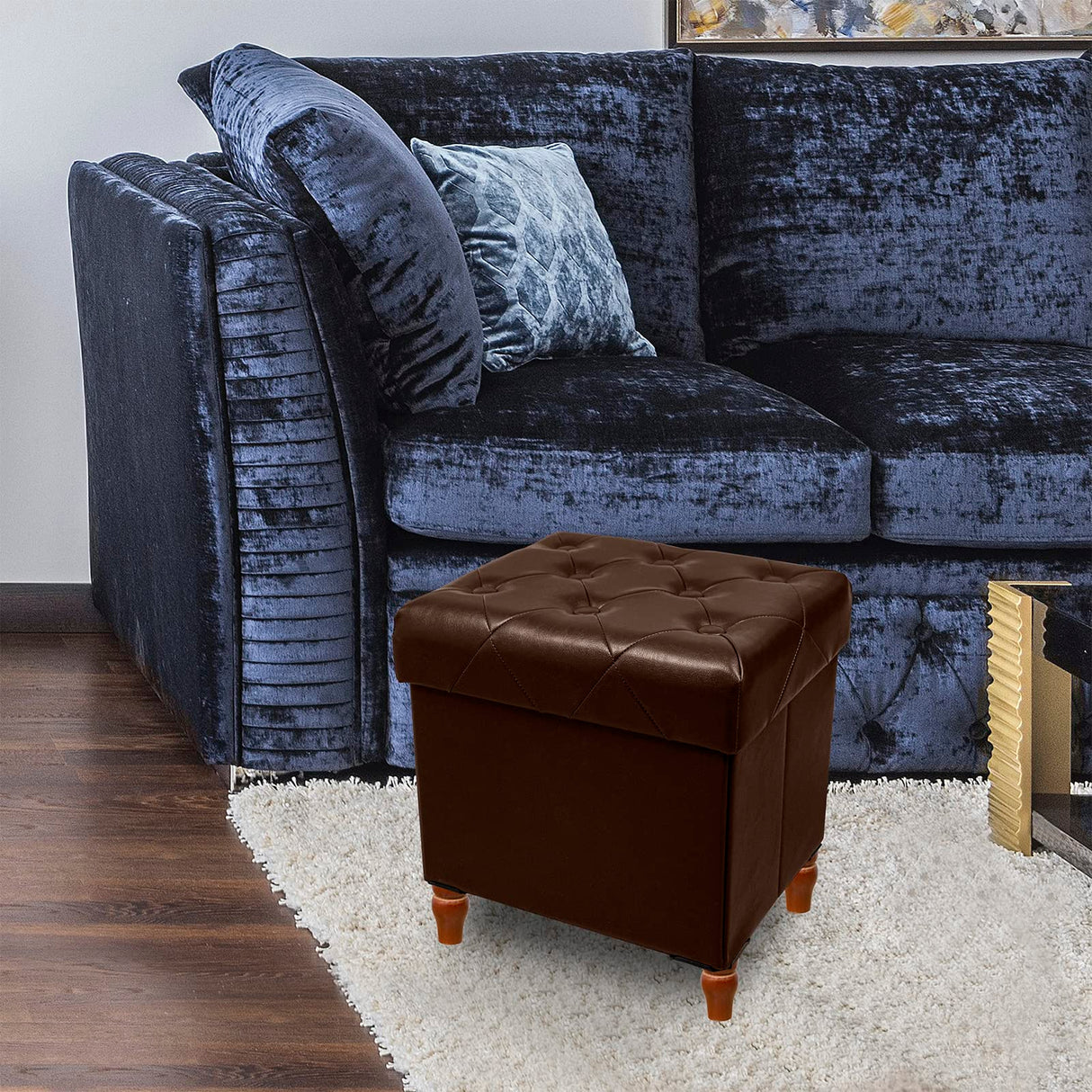 CAROLMADE Folding Storage Ottoman Cube PU Leather Footstool with Wood Legs Ottoman Footrest for Living Room and Bedroom Brown, 15x12.6 x 15.4” CAROLMADE