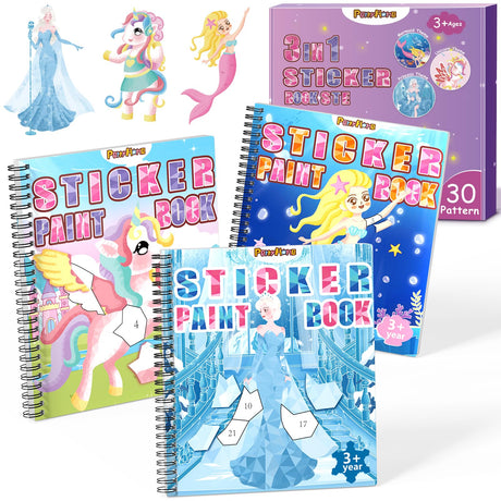 PERRYHOME 3PCS Sticker by Number Paint Books for Girls Ages 4-8, Unicorn Mermaid Frozen Themes Sticker Activity Books, Girls Crafts Party Birthday Christmas Gifts Toys PERRYHOME