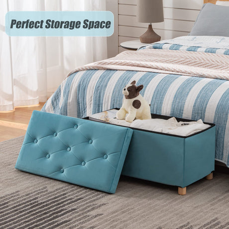 BRIAN & DANY 30 Inches Folding Storage Ottoman Bench, Ottoman with Storage for Living Room, with Wooden Feet and Lid, Teal BRIAN & DANY