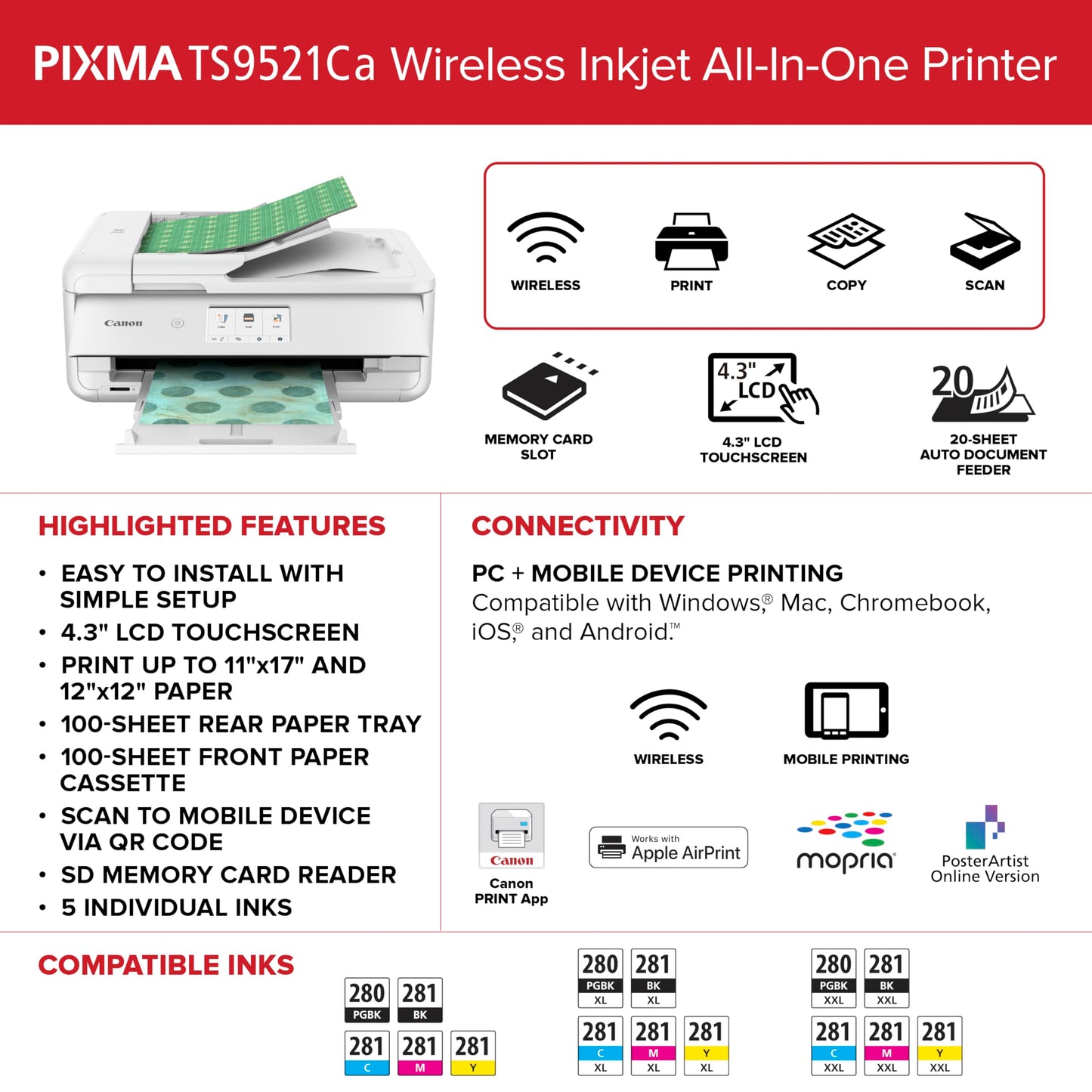 Canon PIXMA TS9521Ca – Wireless Home All-in-One Inkjet Printer