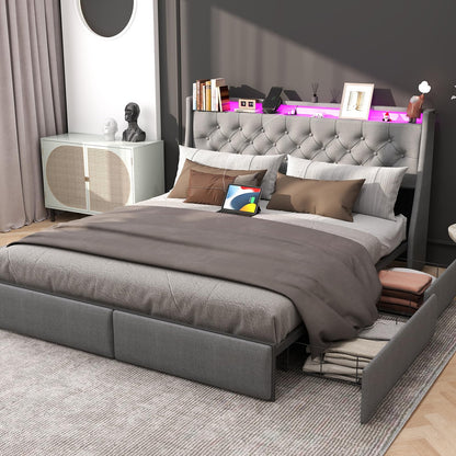 Aanyhave Luxury King Size Bed Frame with Tufted Storage Headboard, LED Lights, and 4 Drawers - WoodArtSupply