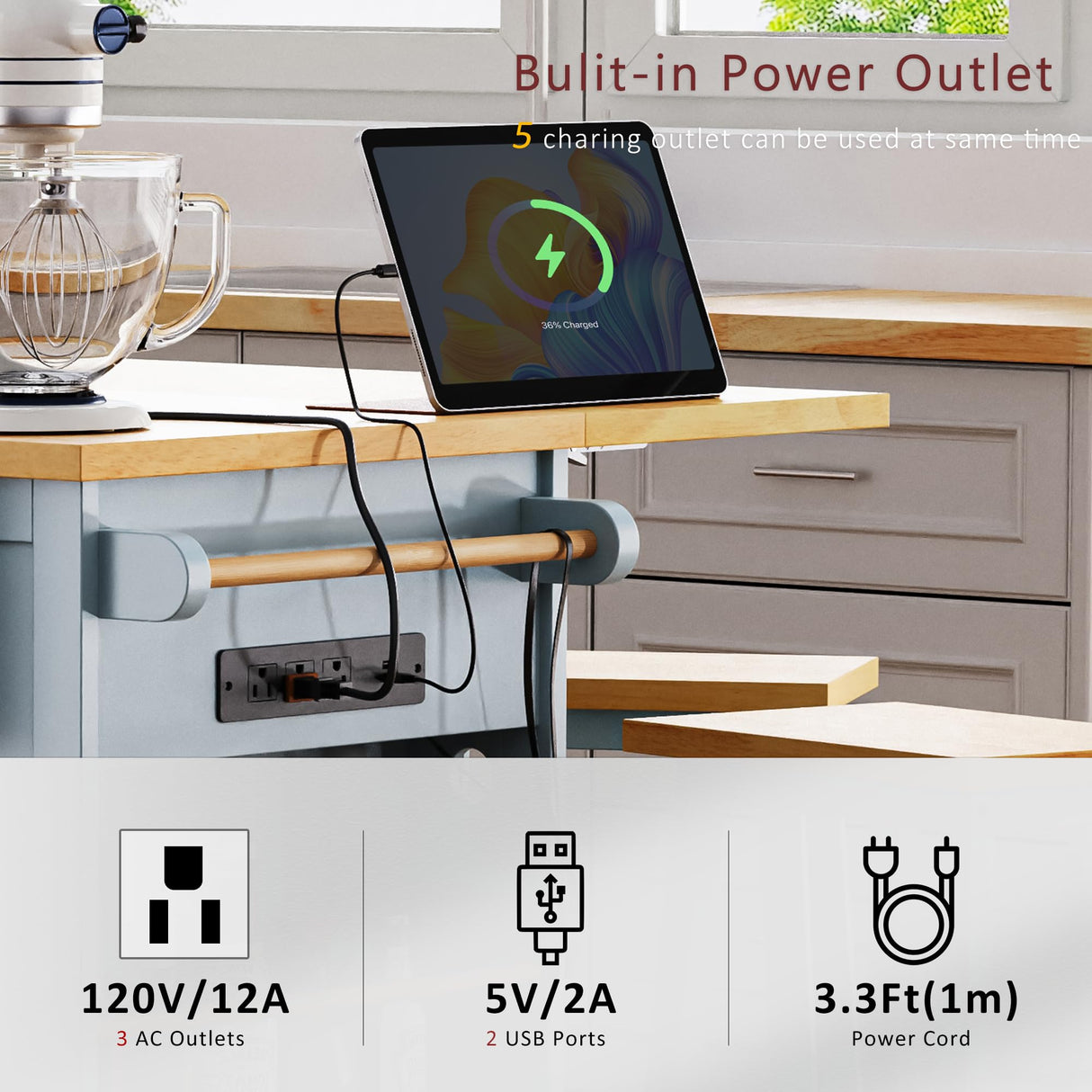Yayzy Rolling Kitchen Island with 2 Bar Stools, Drop Leaf & Power Outlet, Large Kitchen Islands Cart on Wheels, Movable Island with 5 Open Shelves & Towel Rack for Dining Room, 53″, Grey Blue Yayzy