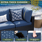 Aoxun 8 Piece Patio Furniture Set with 44” Fire Pit Table Wicker Rattan Patio Sectional Sofa Set Outdoor Seating Furniture with Thickened Cushion, Navy Blue Aoxun
