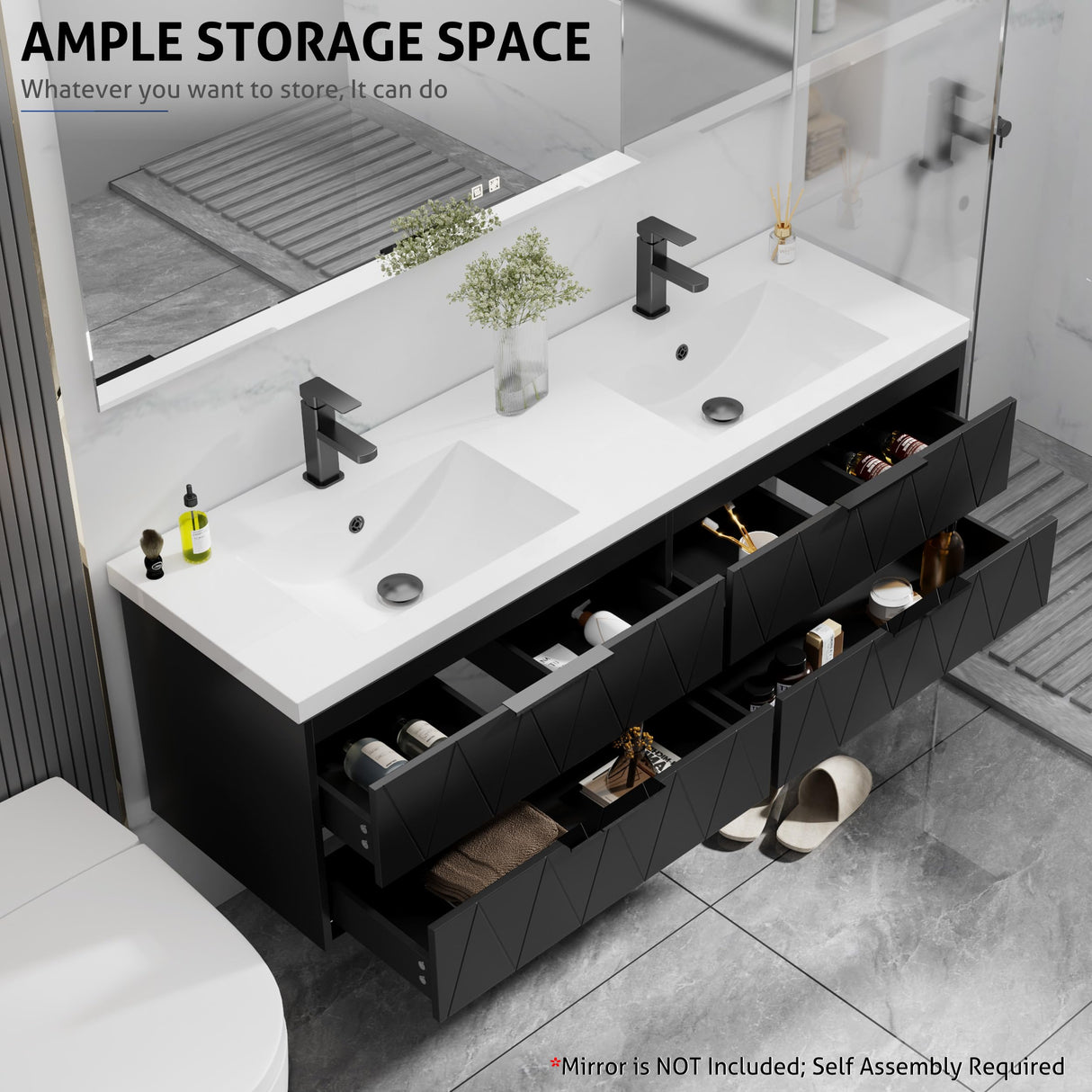 eclife 60" Bathroom Vanities Cabinet with Sink Combo, Wall Mounted Floating Cabinet W/Decor Line, Soft-Close System, 4 Extra Big Drawers, Matte Black Faucet, Black eclife