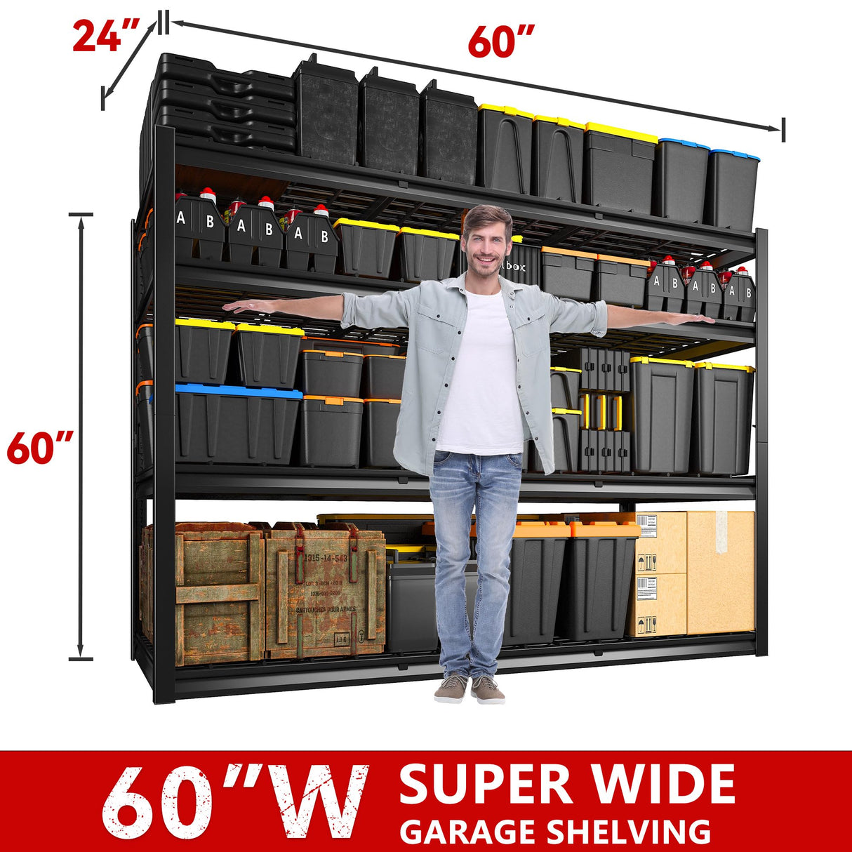 REIBII 60" W Garage Shelving, Storage Shelves 2500LBS Adjustable 4-Tier Heavy Duty Metal Shelving for Storage Commercial Shelving Unit Industrial Shelf for Garage,School, 60" W*60" H*24" D REIBII
