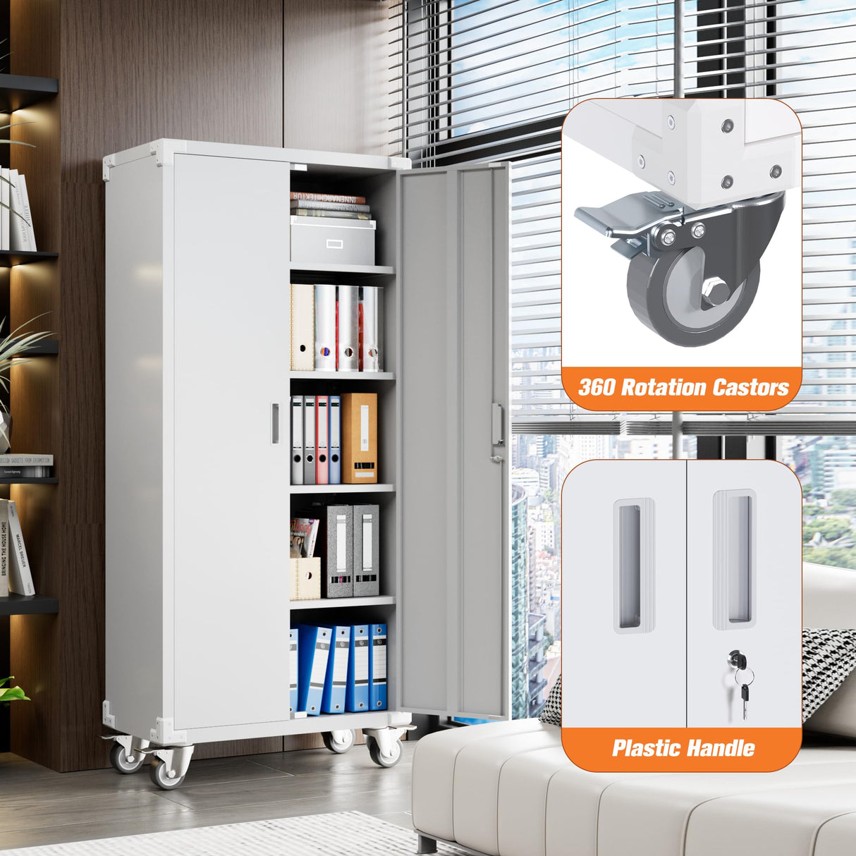 Aobabo 72" H Lockable Storage Cabinet with 4 Shelves, Office Furniture Metal Storage Organizer with Wheels for Home Office, Assembly Required, White Aobabo