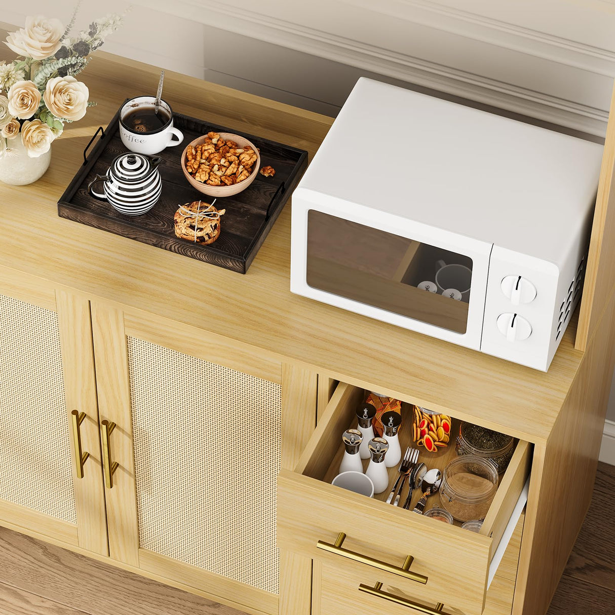 Garvee Rattan Pantry Cabinet, 71" Kitchen Pantry with Microwave Stand, Freestanding Hutch with Drawers, Doors and Hooks, Boho Storage Cabinet for Dining Room, Kitchen, Living Room, Natural Garvee