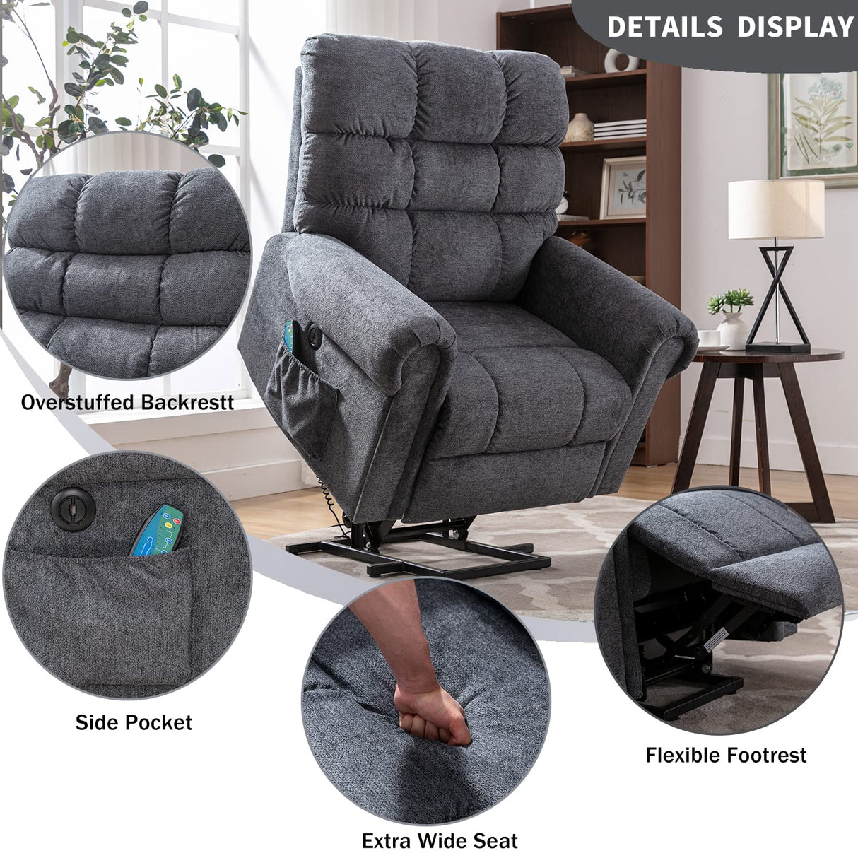 ANJ Large Power Lift Recliner Chair with Massage and Heat for Elderly Big People, Electric Wide Recliners, Heavy Duty and Safety Motion Fabric Reclining Mechanism with USB Ports, Side Pocket, Grey ANJ