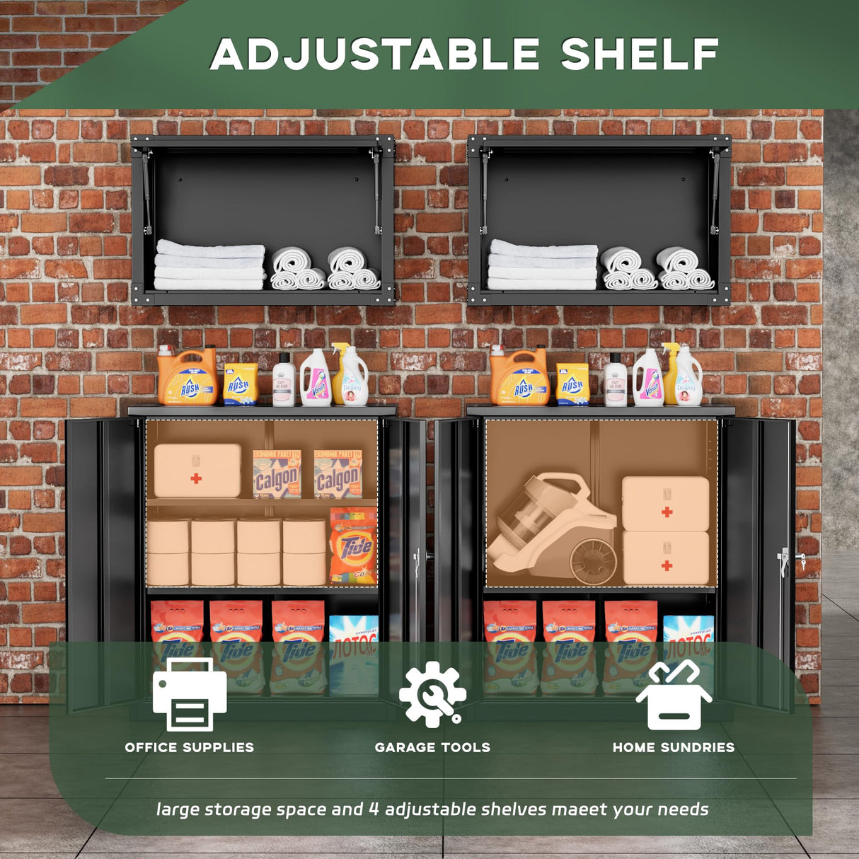 Greenvelly Metal Storage Cabinet, 42" Metal Locking Cabinet with Doors and 2 Adjustable Shelves, Black Steel Cabinet with Lock for Office, Garage, Home, School Greenvelly