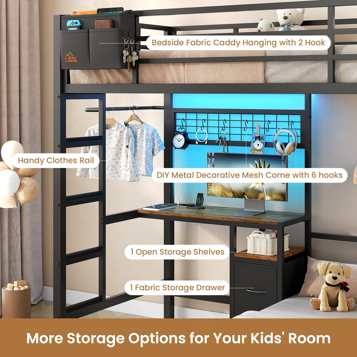 DICTAC Bunk Bed with Desk,Led Lights and Charging Station Metal L-Shaped Twin Over Twin Bunk Beds with Storage Drawers and Shelves, Loft Bed with Safety Guardrail and Ladder for Kids and Teen,Black DICTAC