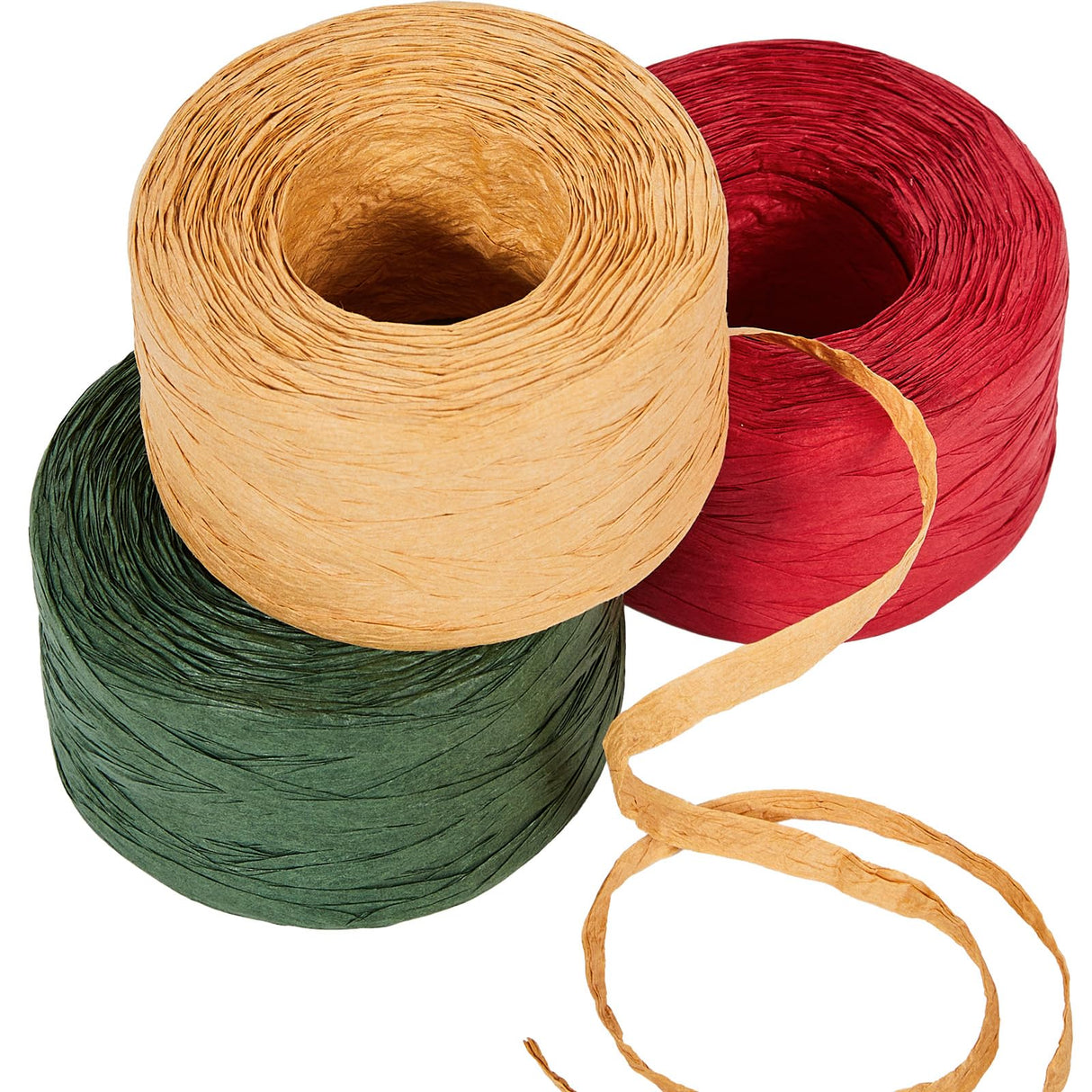 Sooez 3 Rolls Raffia Ribbon Twine String, 540 Feet Christmas Wrapping Paper for Crafts, Red Green Natural Christmas Ribbon for Gift Wrapping, Raffia Yarn for Holiday DIY Supply, 180 Feet Each Roll Sooez