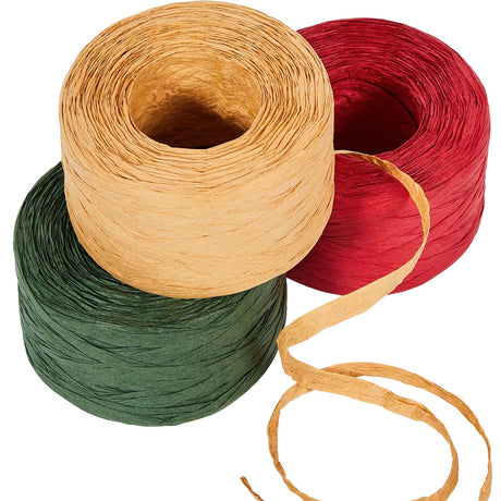 Sooez 3 Rolls Raffia Ribbon Twine String, 540 Feet Christmas Wrapping Paper for Crafts, Red Green Natural Christmas Ribbon for Gift Wrapping, Raffia Yarn for Holiday DIY Supply, 180 Feet Each Roll Sooez