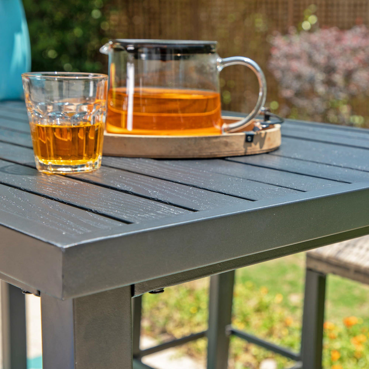 Sophia & William 37" Tall Patio Outdoor Bar Table, Metal Counter Height Dining Table with Wood Grain Tabletop, Adjustable Feet Mats, Rectangular Bistro Table with E-Coating for Porch Yard Lawn Sophia & William