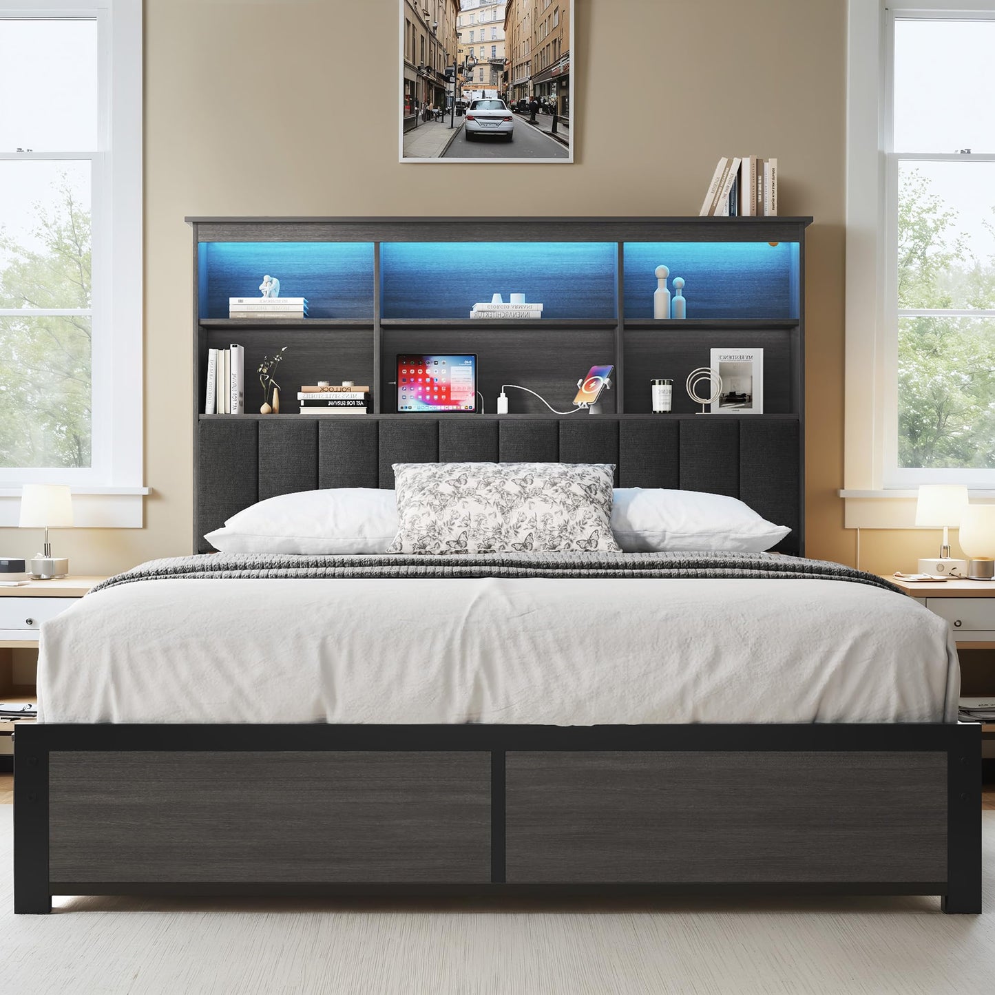 HISOFT Rustic Grey Queen Bed Frame with Storage Headboard, Drawers, LED Lighting & Charging Station - WoodArtSupply