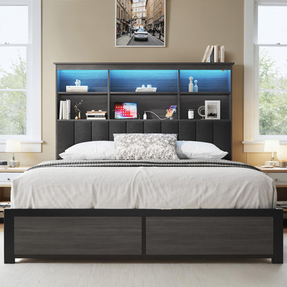 HISOFT Rustic Grey Queen Bed Frame with Storage Headboard, Drawers, LED Lighting & Charging Station - WoodArtSupply