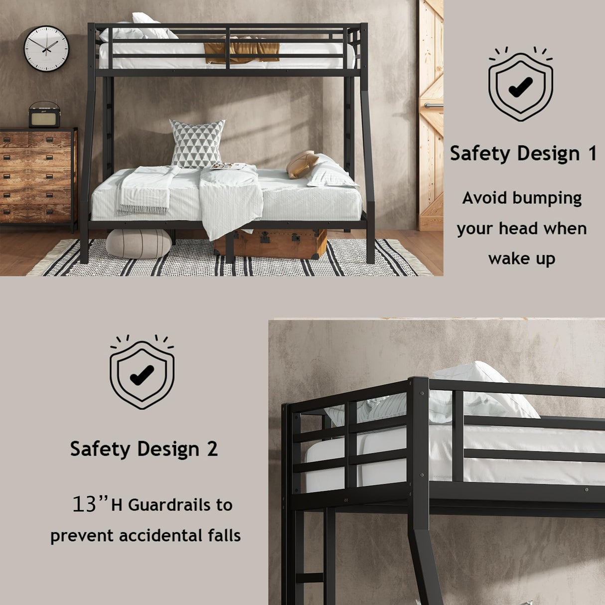 Twin Over Full Bunk Bed with 2 Ladder and Full Length Guardrail, Twin Over Full Bunk Bed for Teens, Kids, Easy Assemble Bunk Beds with Anti-Noise Plug, Black Bellemave