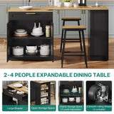 YITAHOME 67 inch Kitchen Island with Seating & Extendable Dining Table, Mobile Storage Islands with 2 Chairs, Rolling Expandable Island with Power Outlet, 3-Tier Spice Rack, L-Shaped Cart (Black) YITAHOME