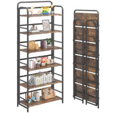 4NM No Assembly Folding Bookshelf, 6 Tier Vintage Industrial Book Shelf,Metal Foldable Storage Bookcase and Bookshelves for Living Room,Bedroom and Kitchen - Rustic Brown 4NM
