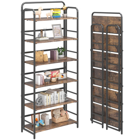 4NM No Assembly Folding Bookshelf, 6 Tier Vintage Industrial Book Shelf,Metal Foldable Storage Bookcase and Bookshelves for Living Room,Bedroom and Kitchen - Rustic Brown 4NM
