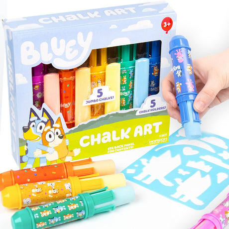 Official Bluey Chalk Art, 5-Pack, Vibrant Sidewalk Chalk For Kids, Includes 5 Chalks, Chalk Holders & Reusable Stencil, Outside Toys for Toddlers 1-3, Bluey Birthday Party Supplies, Bluey Toys Horizon Group USA