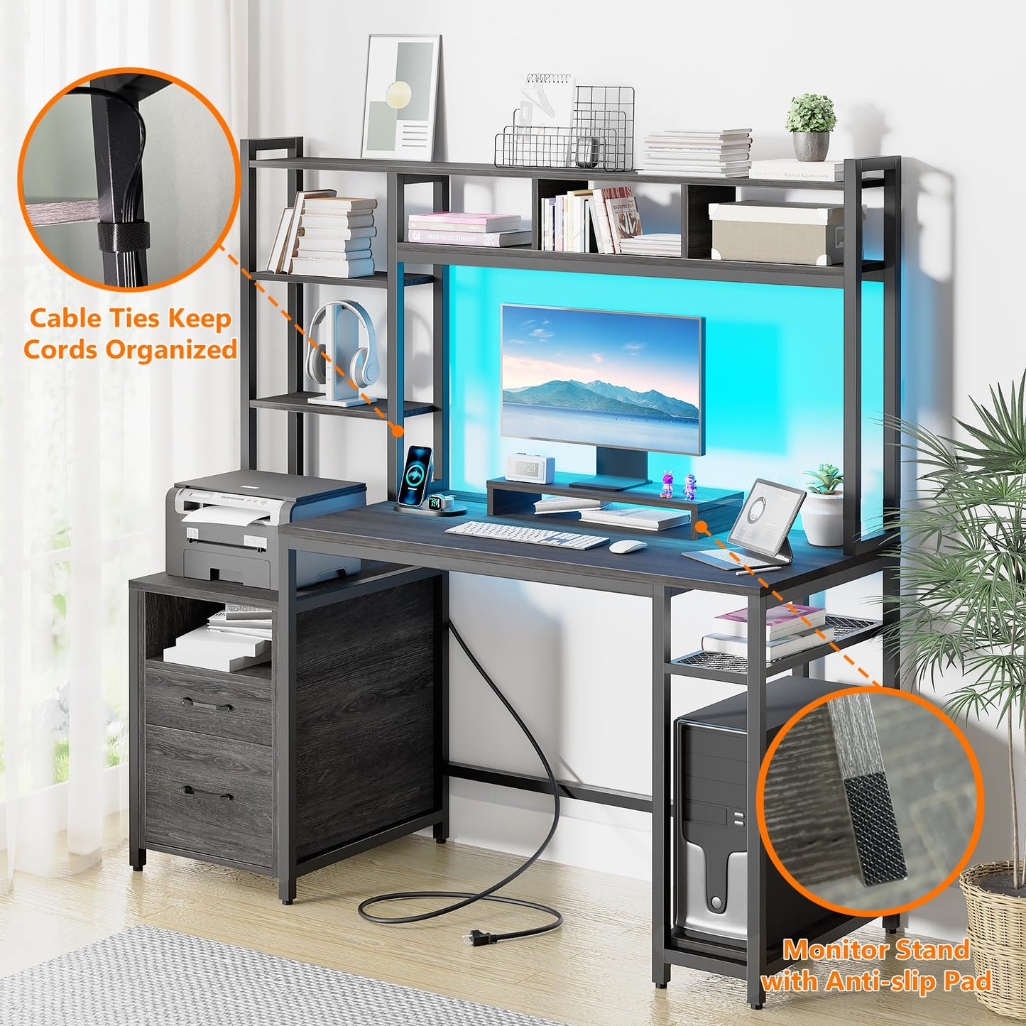 Vabches Computer Desk with Drawers and Shelves, Home Office Desk with Hutch Removable Monitor Stand, Gaming Desk with LED Lights Power Outlets for Study Office Writing Game (Rustic Grey) - WoodArtSupply