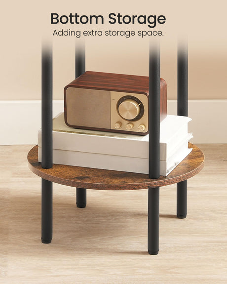 CHOEZON Round Side Table, 2-Tier End Table, Small Round Nightstand with Sturdy Metal Tube, Industrial Circular Coffee Table, for Living Room, Bedroom, Rustic Brown and Black TBZ01BF CHOEZON
