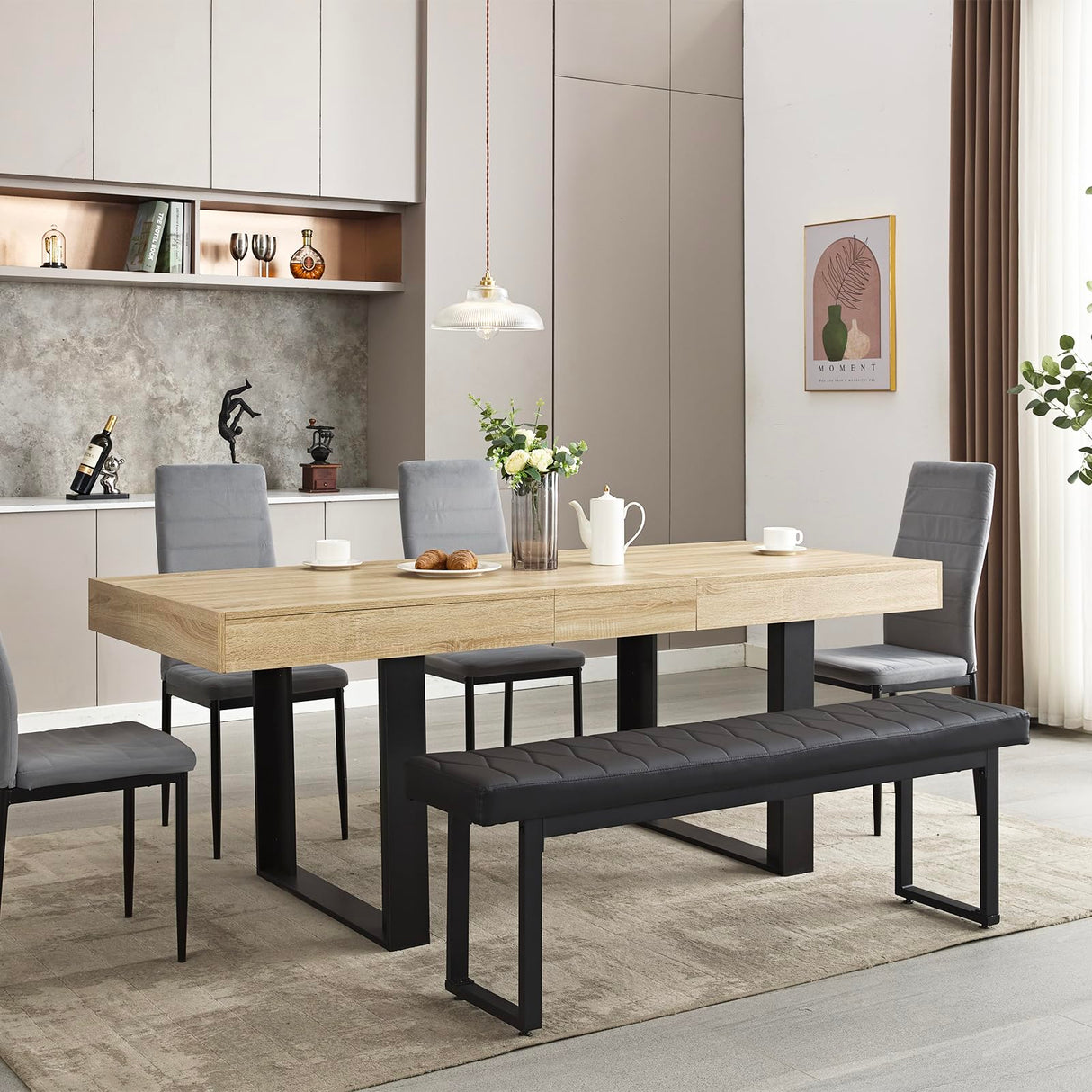 STHOUYN 63”-79” Extendable Dining Room Table for 6 8 10, Modern Farmhouse Wooden Kitchen Expanding Table, Long Large Expandable Dining Room Conference Table (Rustic Oak) STHOUYN