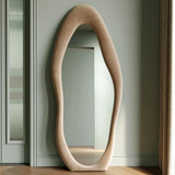 Honyee Full Length Mirror, 63" x 24" Wall Mirror, Flannel Wrapped Wooden Frame Floor Mirror, Irregular Wavy Mirror Hanging or Leaning Against Wall for Cloakroom/Bedroom/Living Room, Milk Tea Honyee
