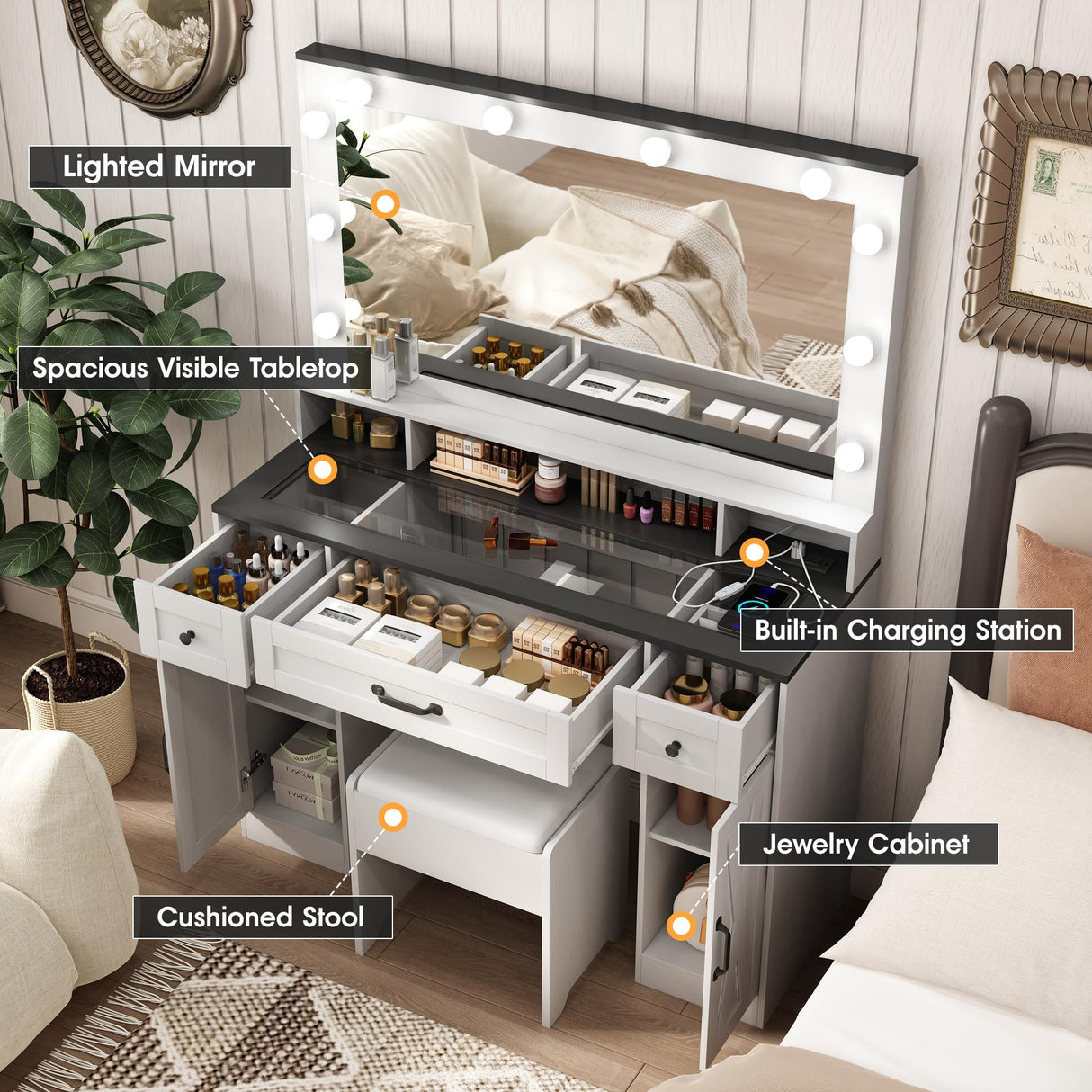 Vabches Vanity Desk with Mirror and Lights,Glass Top,Makeup Vanity Table Set with Stool,Charging Station and 3 Lighting Modes,2 Cabinets 3 Drawers Dressing Table，White Vabches