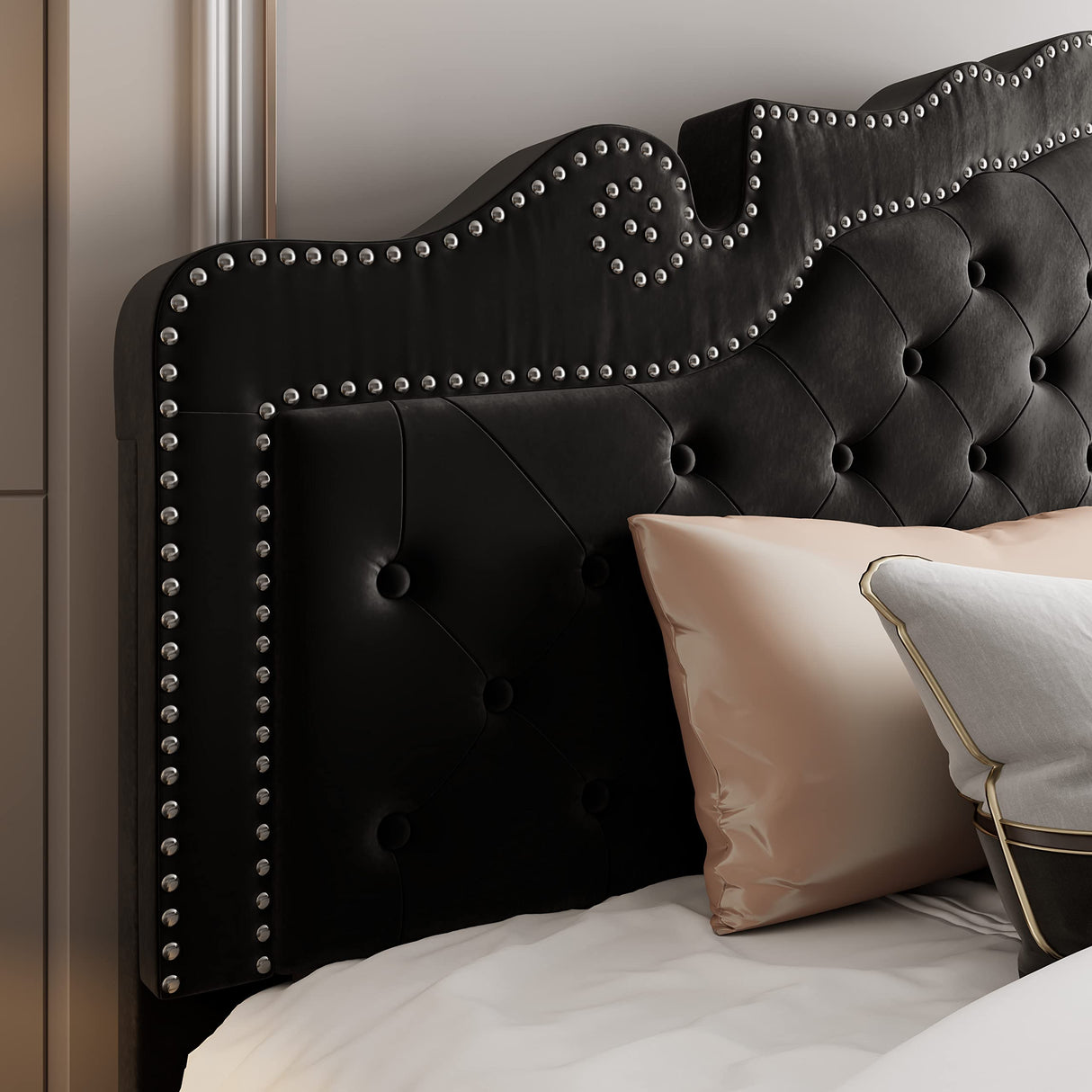 Allewie King Size Platform Bed Frame with Adjustable Velvet Tiara Headboard, Upholstered Diamond Button Tufted, Wood Slats Support, No Box Spring Needed, Mattress Foundation, Easy Assembly, Black Allewie