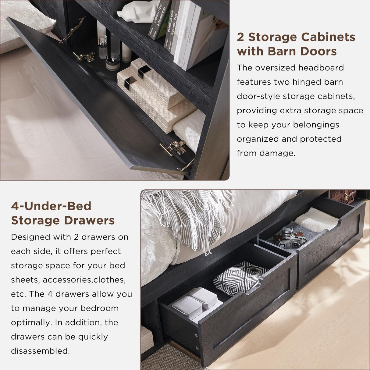 ACCOHOHO Farmhouse King Size Wood Bed Frame with 52" Tall Storage Headboard and 4 Drawers,LED Light,Charging Station,Solid Wood Slats Support,Noiseless,No Box Spring Needed,Black ACCOHOHO