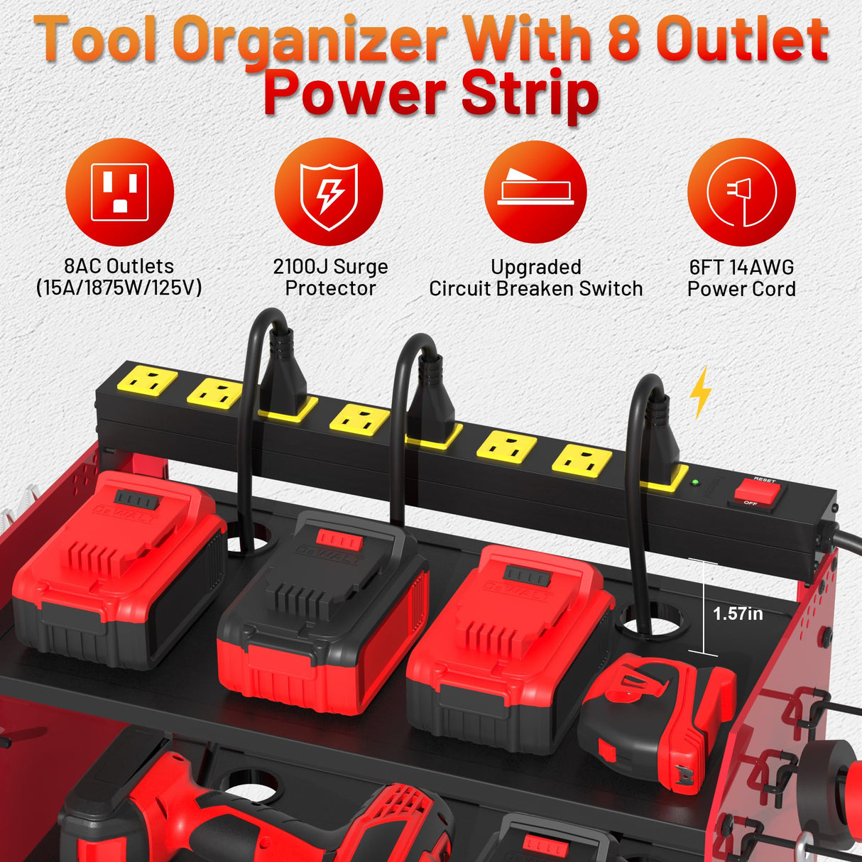 CFMASTER Power Tool Organizer Wall Mount wtih Charging Station,4 Drill Holder Wall Mount with 8 Outlet Power Strip,3 Layers Heavy Duty Tool Rack with Hooks,Screwdriver Organizer in Workbench,Garage CFMASTER