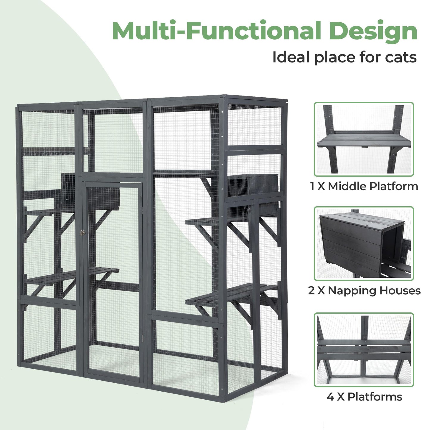 Large Stylish Wooden Catio Outdoor Cat Enclosure Cat Cage & Run Enclosures Indoor Kitty Window Cage with Waterproof Roof, 7 Platforms & 2 Resting Box, UV Resistant, 62.4" L x 32.4" W x 70" H  - WoodArtSupply