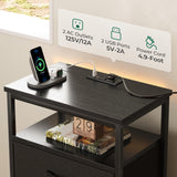 Huuger Nightstands Set of 2, End Tables with Charging Station, Side Tables with Fabric Drawers, Bedside Tables with USB Ports and Outlets, Night Stands for Bedroom, Black Huuger