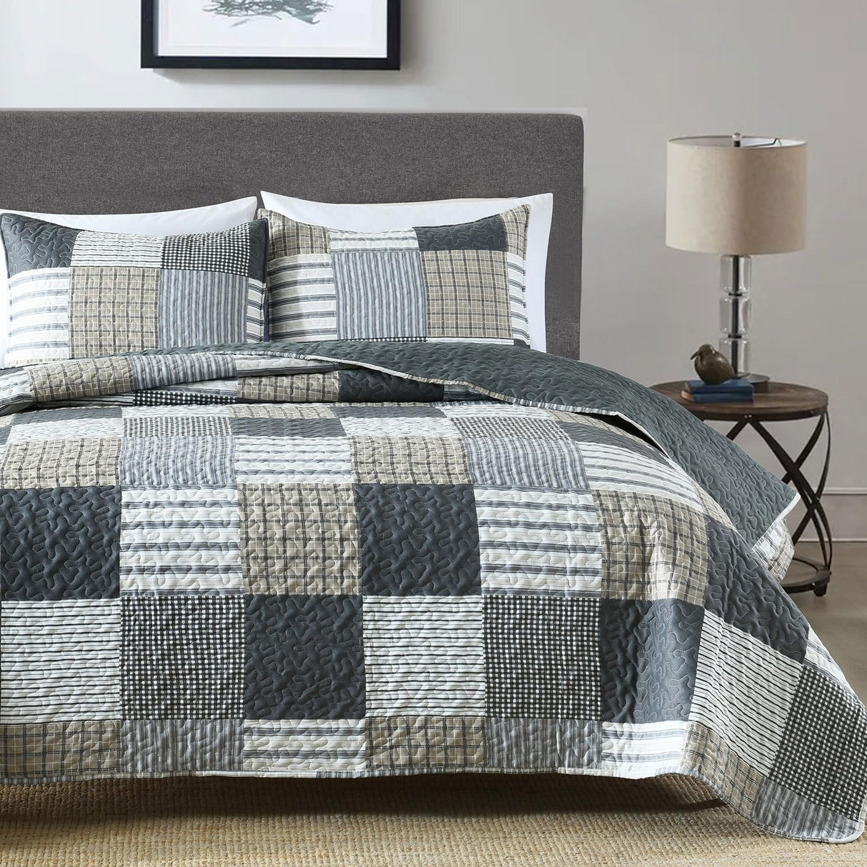 Boryard 3-Piece Queen Quilt Set, Lightweight Soft Full Size Quilt Gray Patchwork Farmhouse Bedspread Coverlet 90x90 inches Spring Bedding Set with 2 Pillow Shams, Grey Plaid Print Boryard