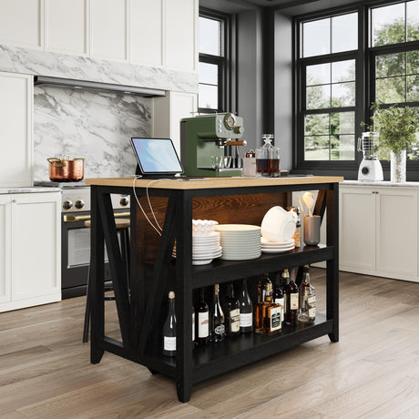 GarveeHome Wooden Kitchen Island with Storage, Bakers Rack, Power Outlet & LED Lights, Large Kitchen Island Table with 3 Tier Microwave Stand Oven Shelf for Kitchen Dining Room Living Room, Black GarveeHome