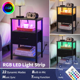 Yoobure Night Stand with Charging Station, LED Nightstand for Bedroom, Bedside Table with Adjustable Fabric Drawer, 3-Tier End Table Living Room, Small Side Table with Storage, Grey Yoobure