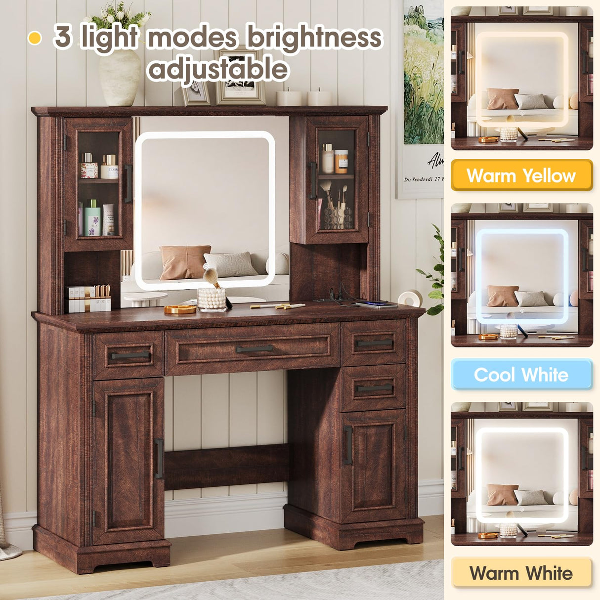 Maupvit Farmhouse Vanity Desk with Mirror and Lights, Makeup Vanity Table with Charging Station, 45" Bedroom Table with 4 Drawers and Cabinets, 3 Lighting Modes, Brown Maupvit