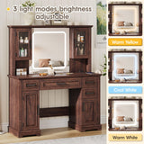 Maupvit Farmhouse Vanity Desk with Mirror and Lights, Makeup Vanity Table with Charging Station, 45" Bedroom Table with 4 Drawers and Cabinets, 3 Lighting Modes, Brown Maupvit