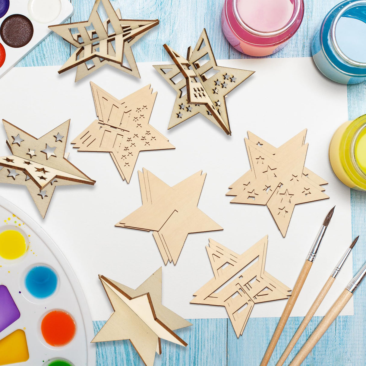 COCHIE DIY 3D 4th of July Stars Wood Crafts to Paint for Kids Adults, Paintable Unfinished Wooden Slices for Craft, Memorial Day Veterans Day Star Cutouts Ornaments for Painting Decorations (24 PCS) COCHIE