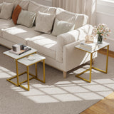 Giantex Nesting Coffee Table Set of 3, Stackable Square End Table w/Faux Marble Tabletop & Heavy-Duty Metal Frame, Farmhouse C-Shaped Accent Table for Small Space, Living Room, Bedroom (White Gold) Giantex