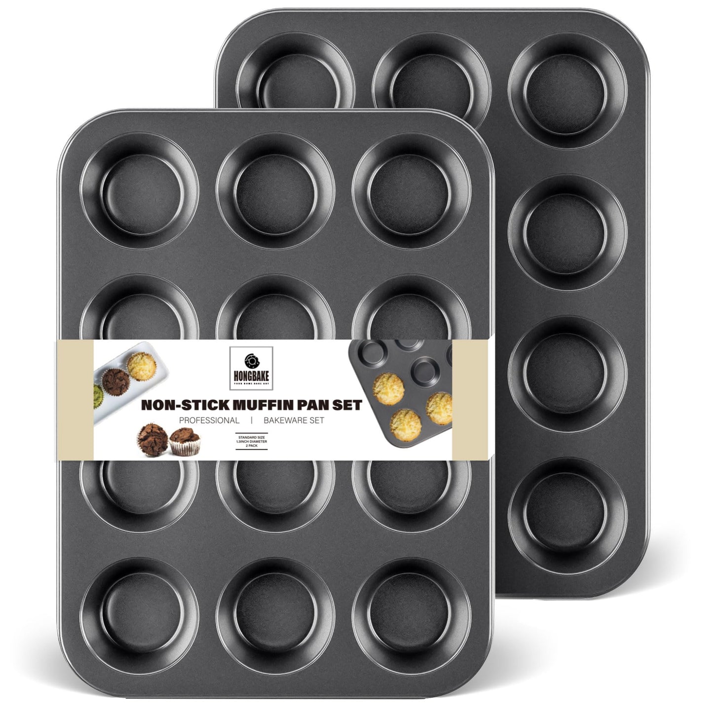 HONGBAKE Muffin Pan for Baking, Nonstick Cupcake Tin 12 Cup, 2 Pack Cup Cake Tray, Premium Cheesecake Pans, Dishwasher Safe - Dark Grey